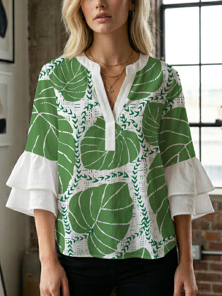 Damebluse med voluminøse rynkede ærmer og blomstertryk Skovae