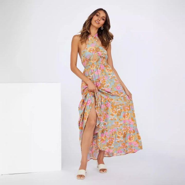Dame Floral Halter Maxi Kjole med Høj Slids Stilla