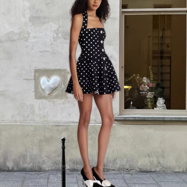 Dame Polka-Dot Kjole med komfortable stropper og knaplukning Stilla