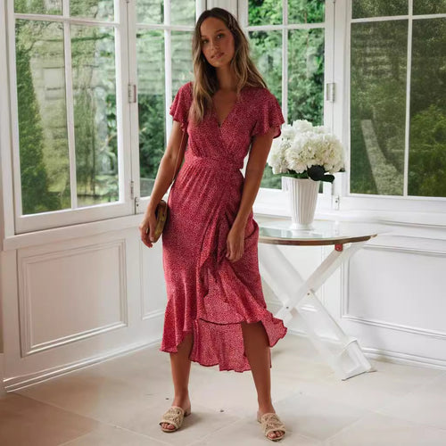 Dame vaffelkjole med flæser og blomsterdesign Stilla