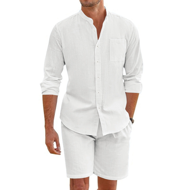 Herrernes Casual Skjorte og Shorts Sæt med åndbar Linnedstruktur Stilla