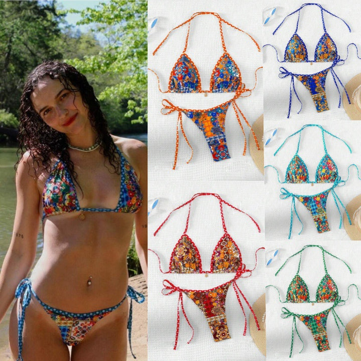 Damer trekant-bikini med blomsterdesign og justerbare bånd Skovae