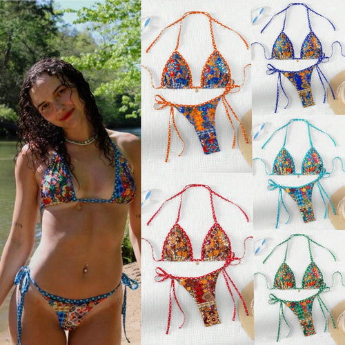 Damer trekant-bikini med blomsterdesign og justerbare bånd Skovae