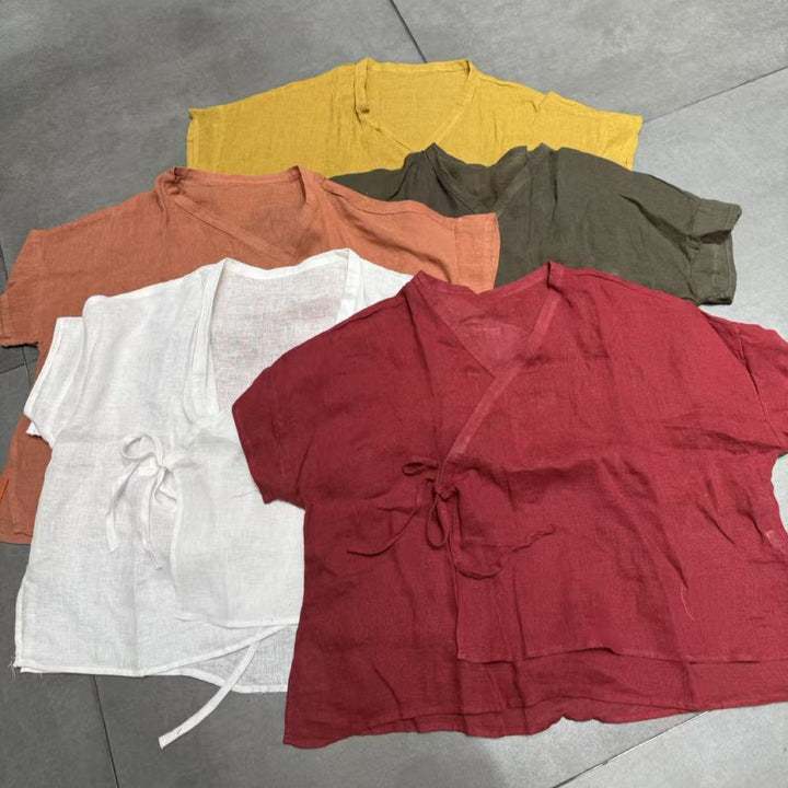 Dame Alsidig Løs Linned Slips-Front Bluse Stilla