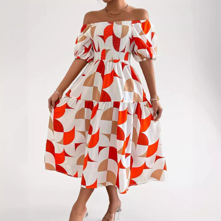 Dame Off-Shoulder Maxikjole med luftige puffærmer og geometrisk mønster Stilla