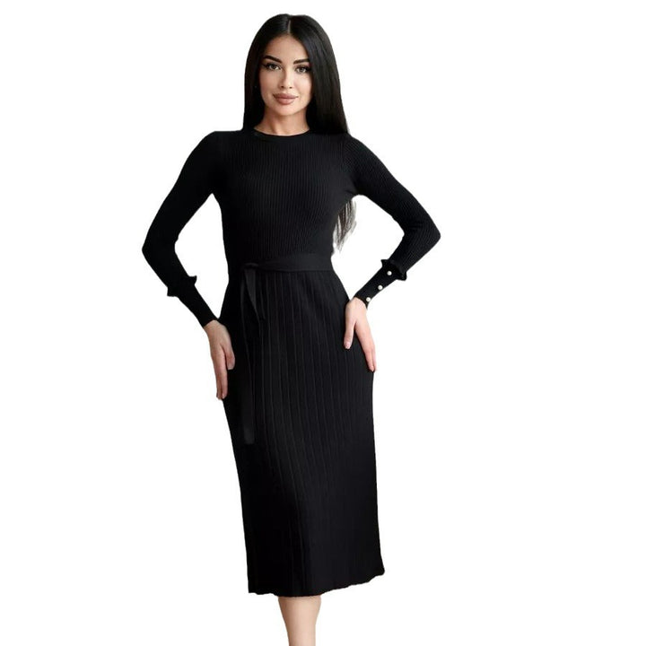 Dame finstrik kjole med elegant ribstruktur og fashionable ærmeaccentuer Stilla