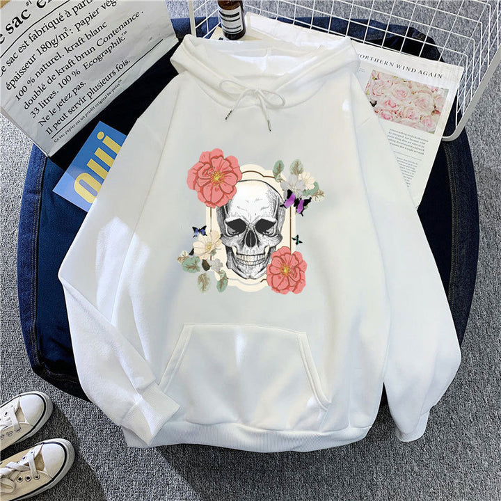 Kvindernes hættetrøje med kreativt kranium og blomst design Skovae