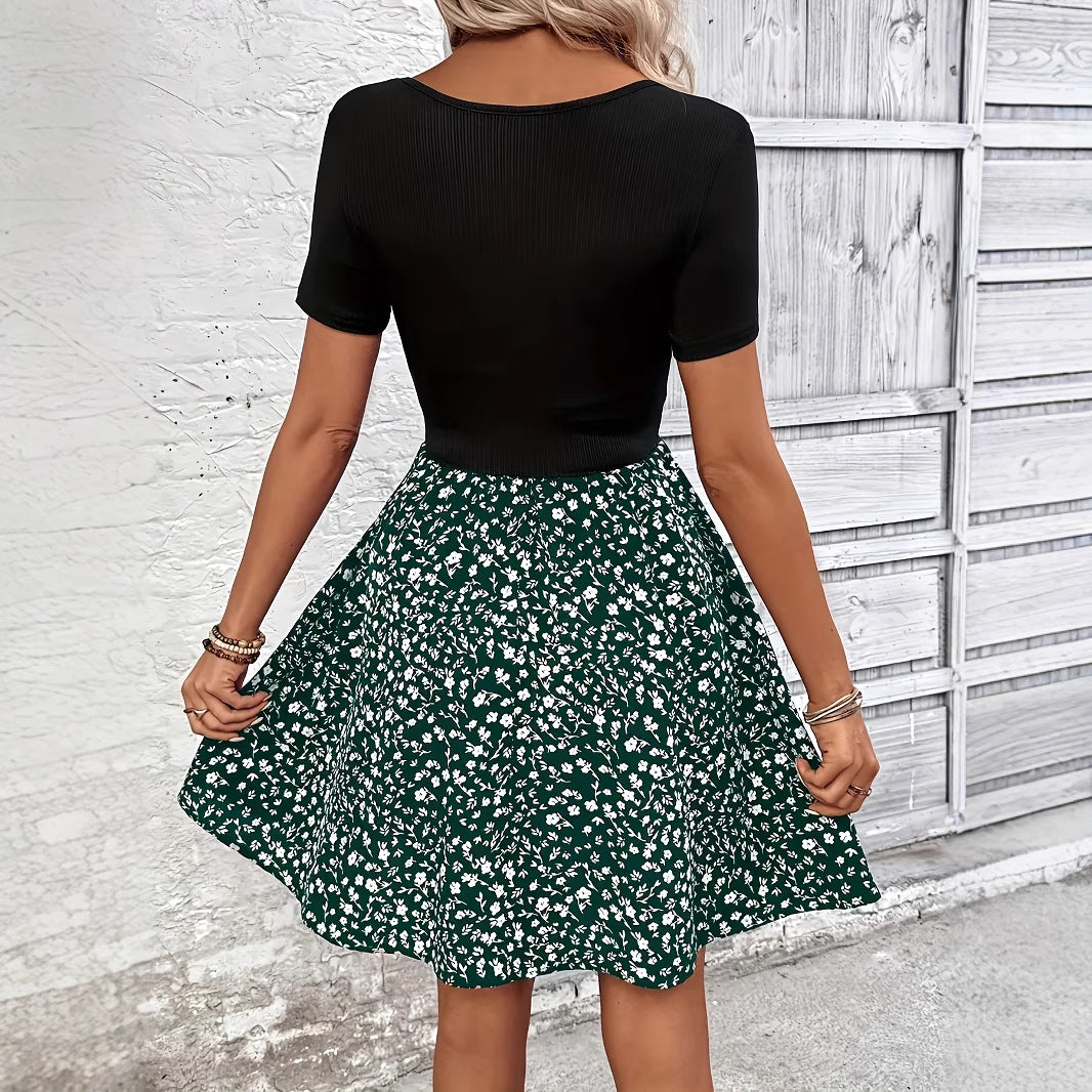 Dame Floral Skater Kjole med ribbet top Stilla