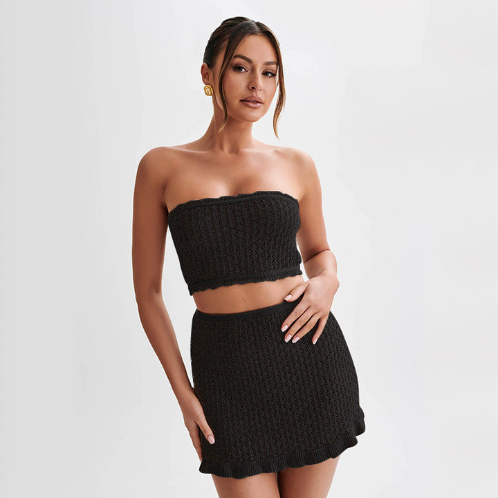 Dame Strik-Bandeau Top med matchende Nederdel Stilla