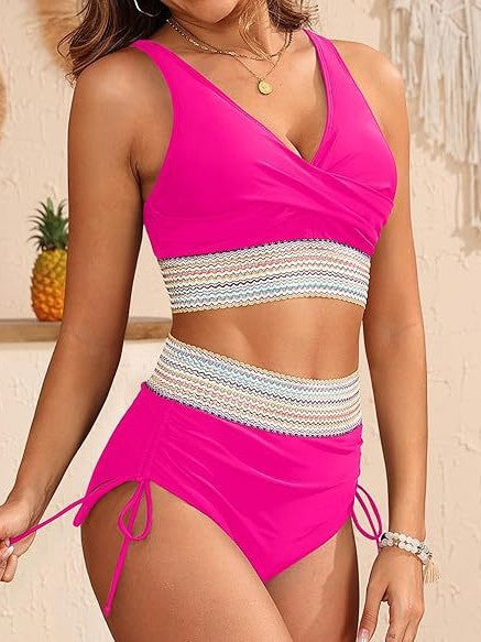Dame Højskåret Bikini-Sæt med elegant Vireffekt og justerbare bånd Stilla