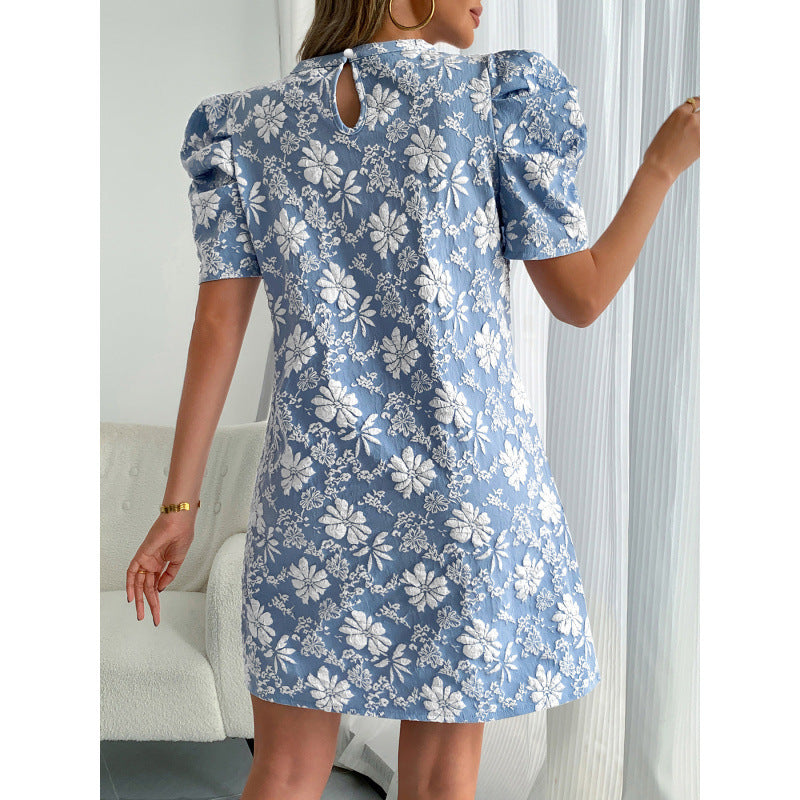 Damen Kurzarmkleid mit voluminiösen Ärmeln und floralen Stickereien Skovae