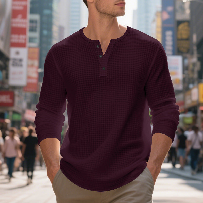 Herrer langærmet Henley-shirt med struktureret vaffelmønster Stilla