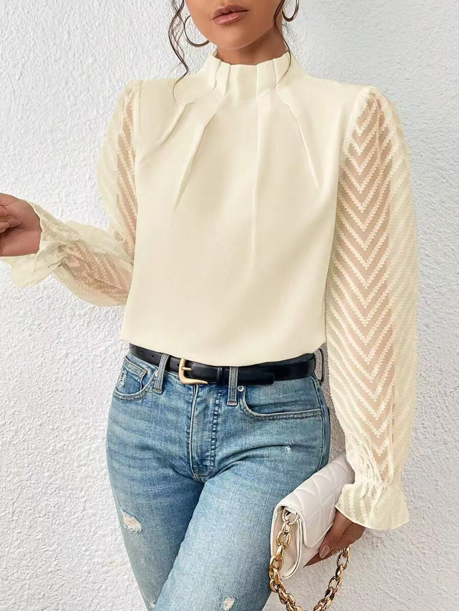 Dame Elegant bluse top med flæse detaljer og gennemsigtige ærmer Stilla