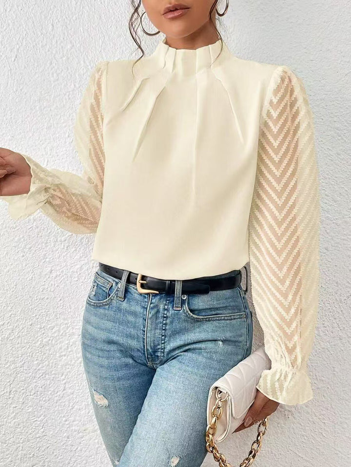 Dame Elegant bluse top med flæse detaljer og gennemsigtige ærmer Stilla