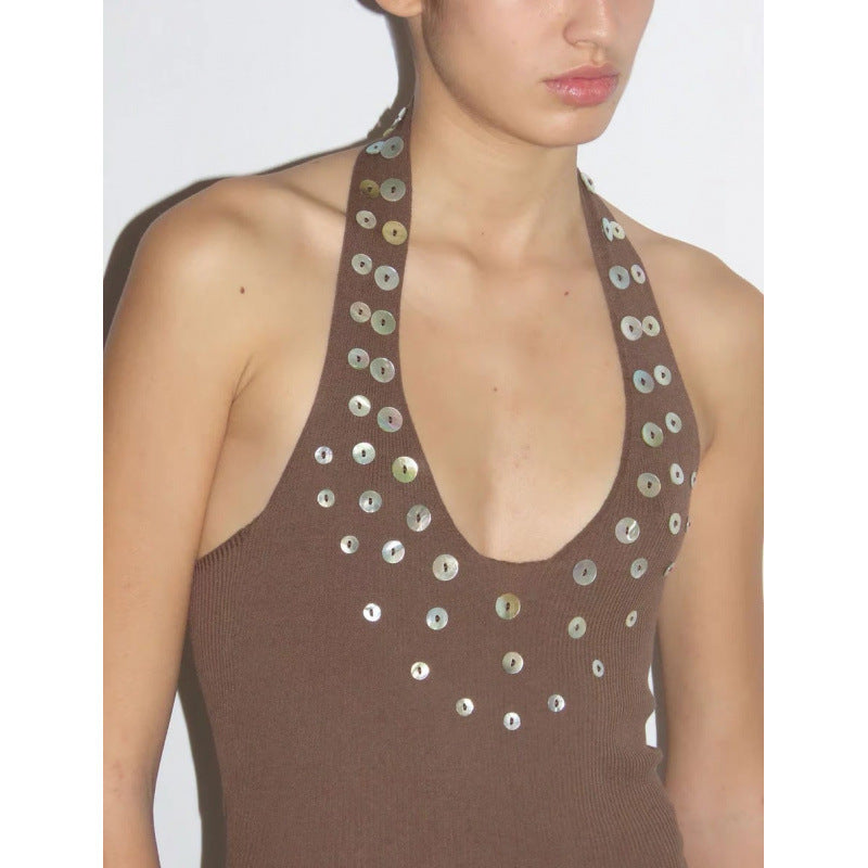 Dame Halterneck glitrende Paillet-top Stilla