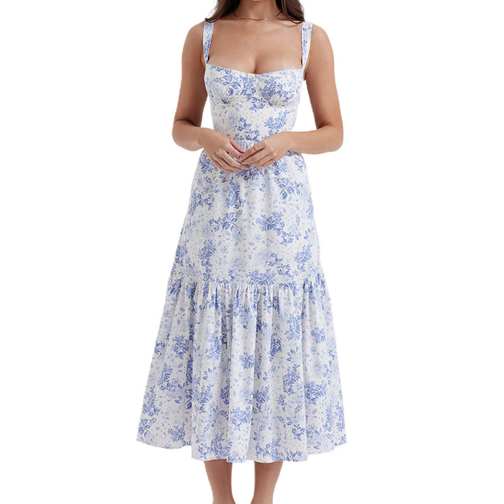 Dame midikjole med bustier-design og let volant Stilla