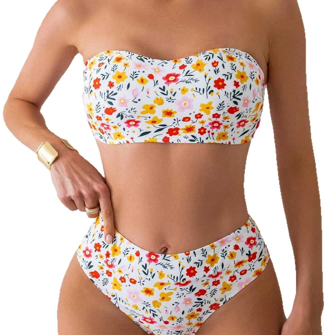 Dame Bandeau-bikini med højt skåret underdel og blomsterprint Skovae