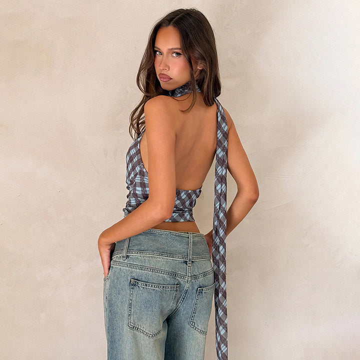 Dame Crop Top med rynke og stilfuldt ternet mønster Skovae