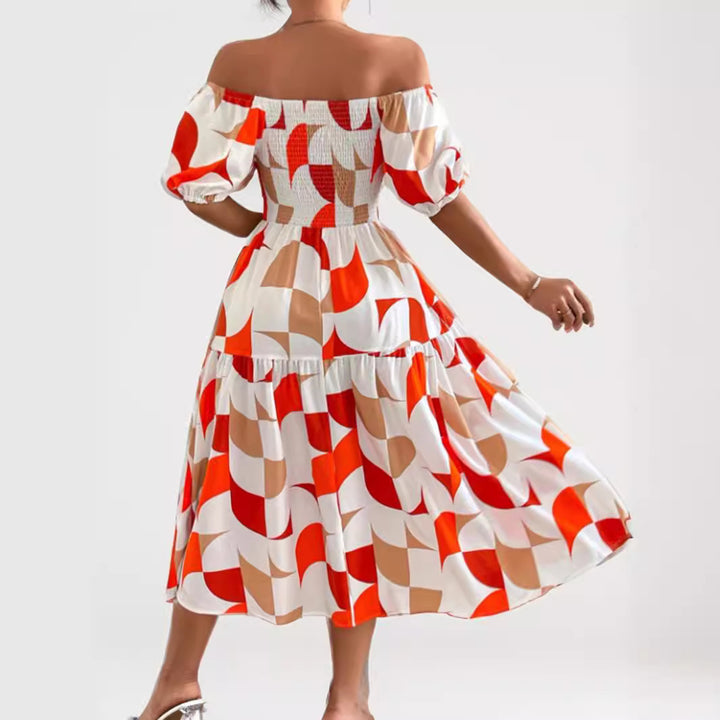 Dame Off-Shoulder Maxikjole med luftige puffærmer og geometrisk mønster Stilla