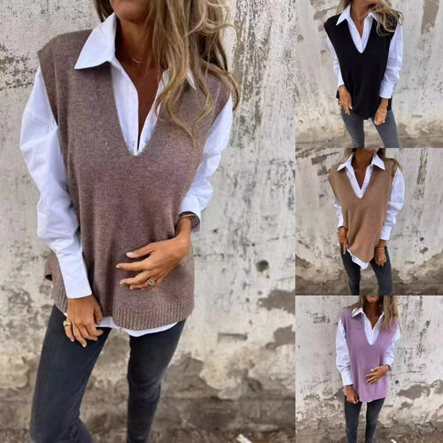 Dames elegant strikvest med V-hals og fine rib detaljer Stilla