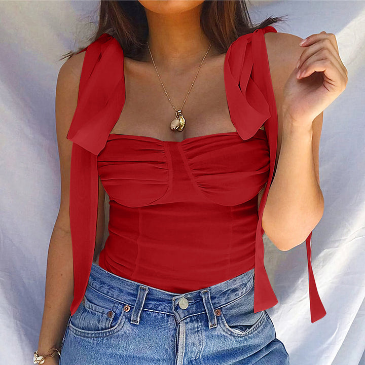 Dame romantisk flæse top med bindebånd Crop Top Stilla