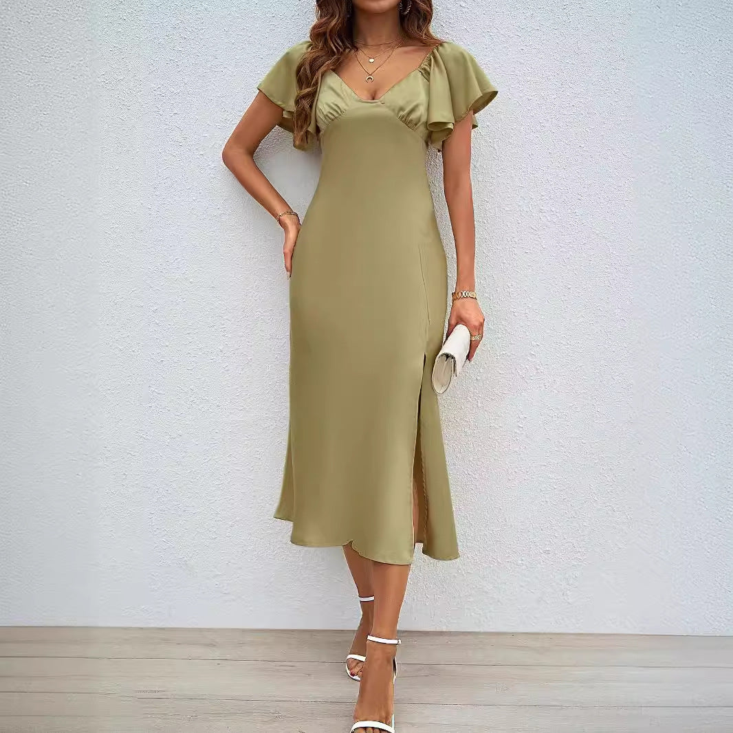 Dame maxikjole med elegante puffærmer og sidelæg Stilla