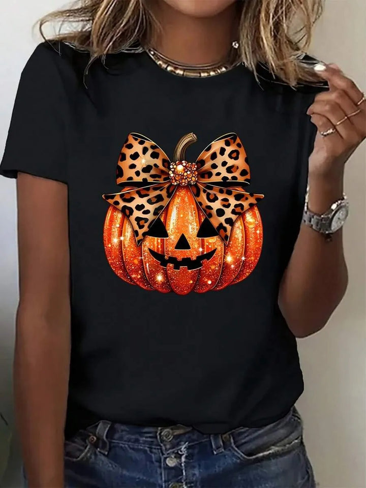 Dame T-shirt med stilfuldt græskar-motiv og spændende dyreprint Skovae