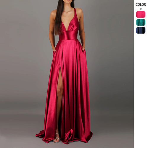 Dame elegante maxi kjole med dyb V-udskæring og trendy split