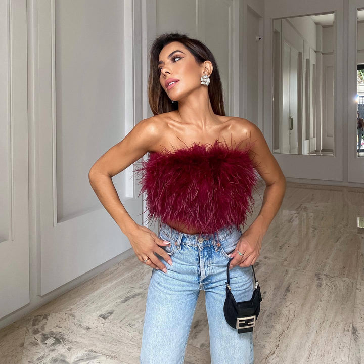 Dame Trendy Cropped Top med Fjer Stilla