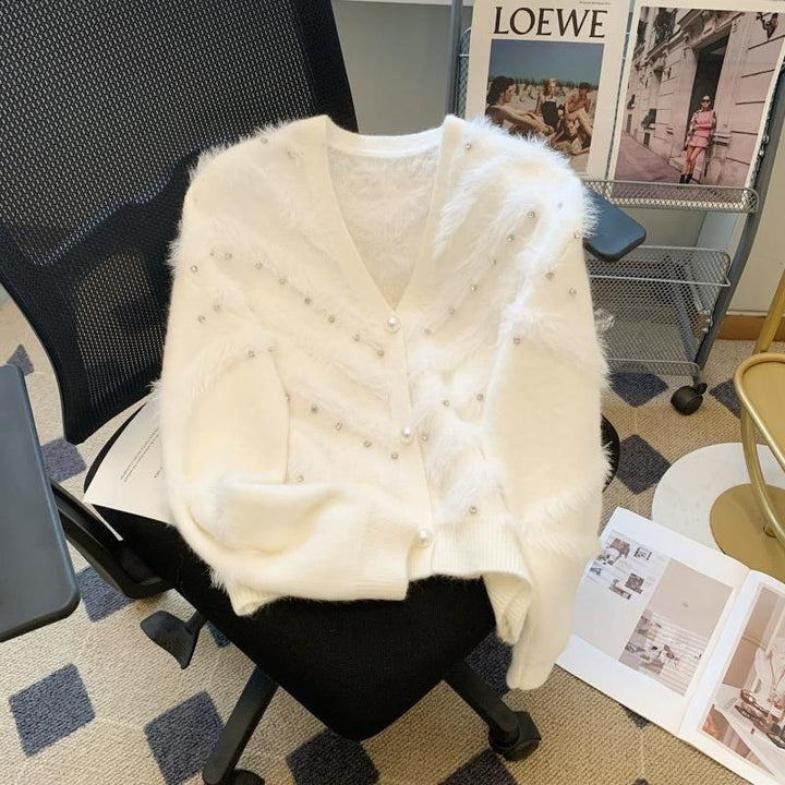 Damer Fluffy Cardigan med Perler Stilla