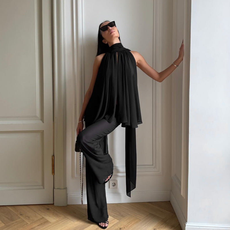 Damer Elegant chiffon top med dyb vandfaldudskæring og flydende stof Skovae