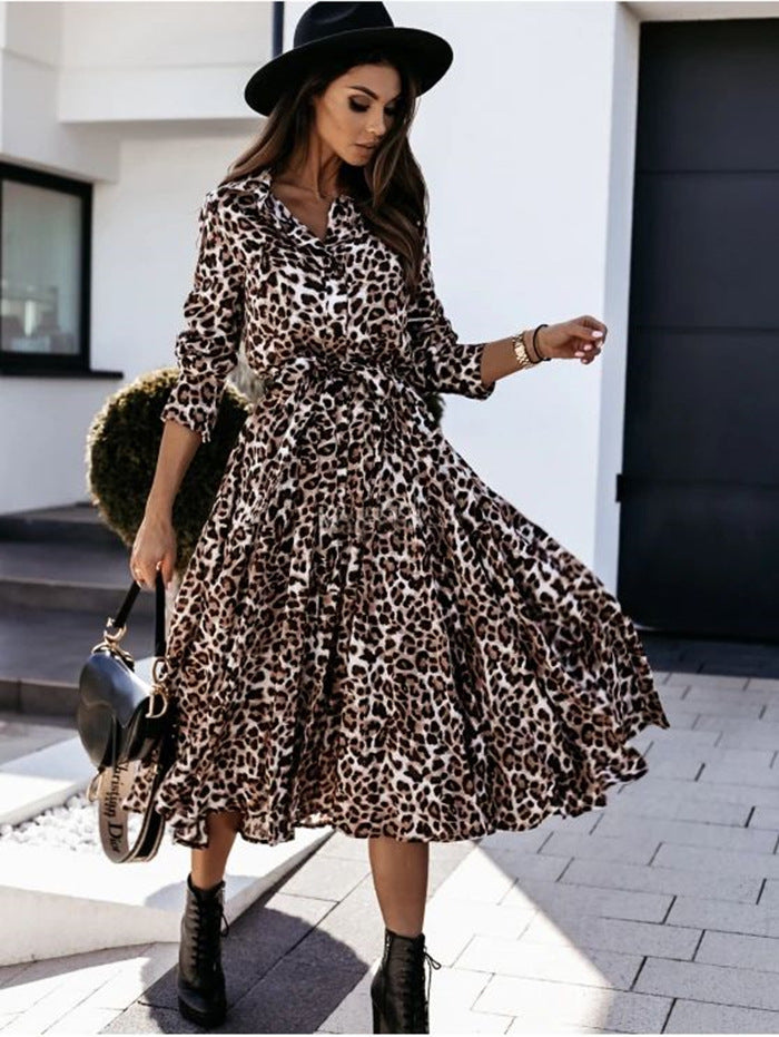 Dame Leopardprint Midi Skjortekjole Stilla