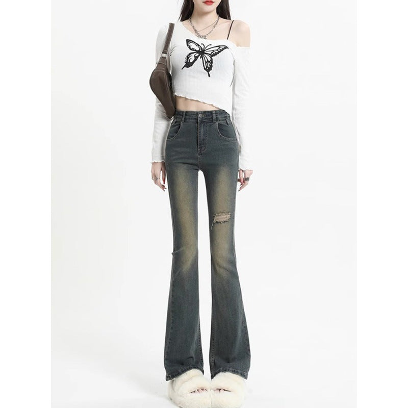 Dame Flared Jeans med moderigtig Destroyed-effekt Stilla