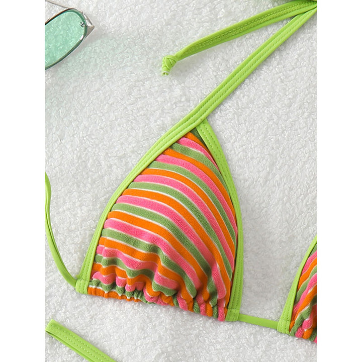 Dame Triangel-Bikini med trendy stribemønster og justerbare snorebånd Skovae