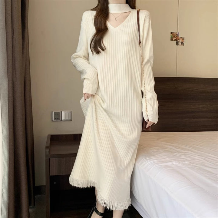 Dame High-Comfort Ribstrik Midi Kjole med Frynse-Detalje Stilla