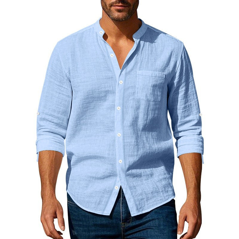 Herrer let linned shirt med praktisk ståkrave og brystlomme Stilla