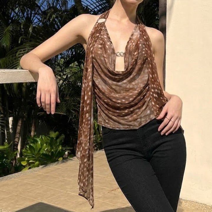 Damer Smart Halterneck Bluse med Drapering Skovae