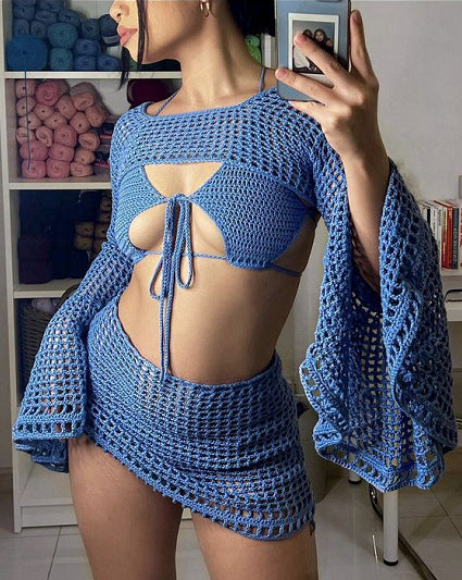 Dame hæklede strandoutfit med legende volangdetaljer Skovae