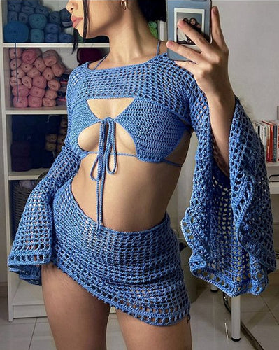 Dame hæklede strandoutfit med legende volangdetaljer Skovae