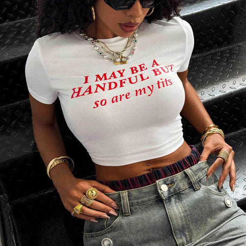 Dame Crop-T-Shirt med kreativ skriftligt design og tætsiddende snit Skovae