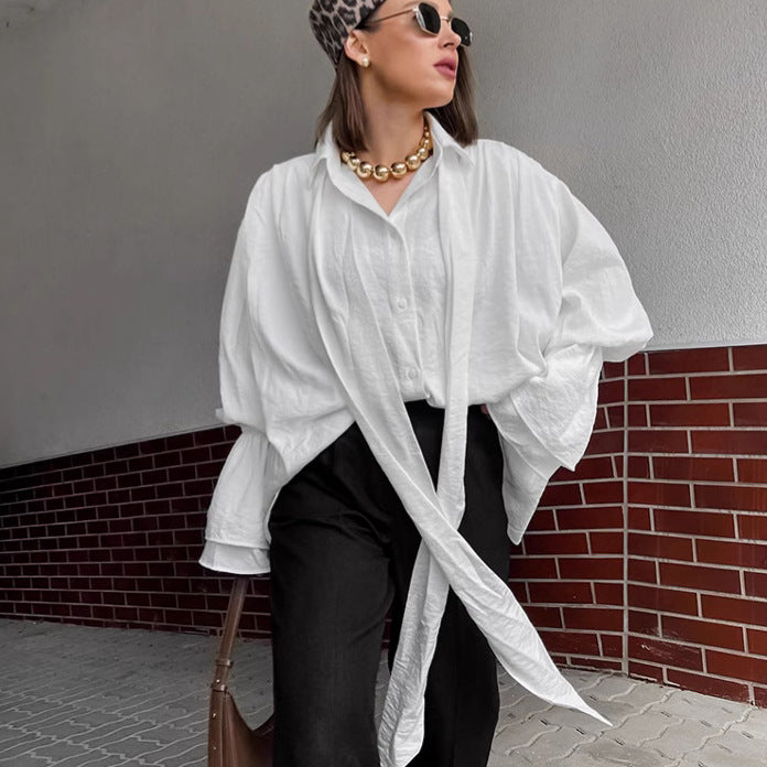 Dame Oversized Bluse med voluminøse ærmer og pænt binde bælte Stilla