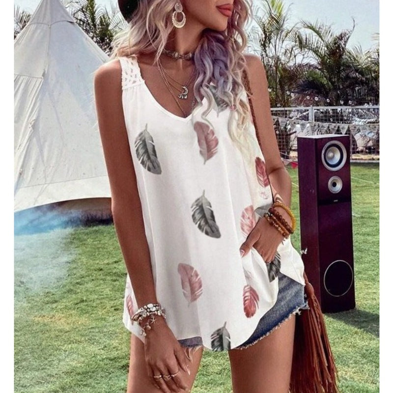 Dame Sommer Bluse med Bladdesign Stilla