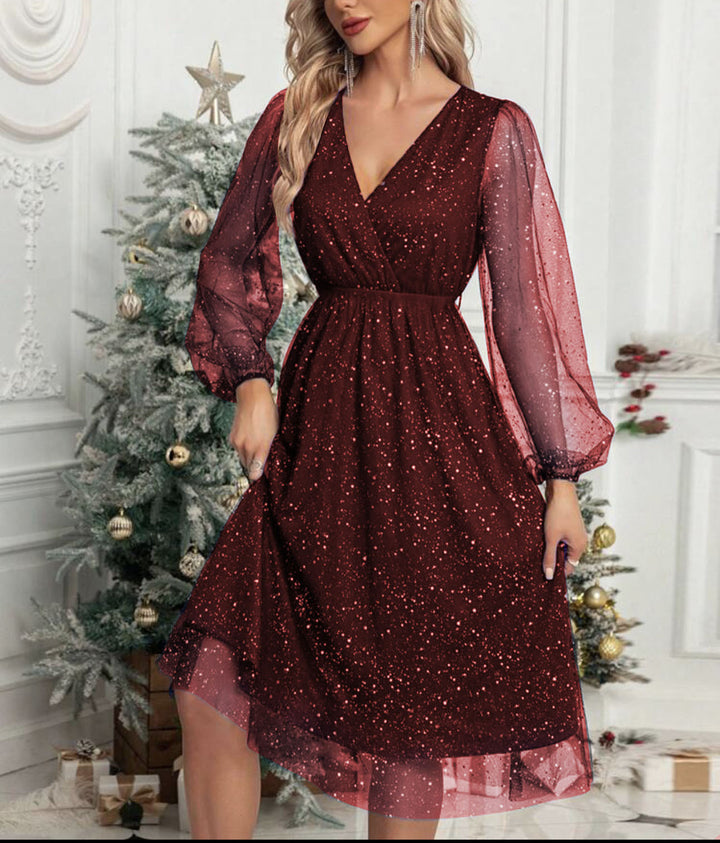 Dame Elegant Midikjole med glitrende overdel og transparente ærmer Stilla