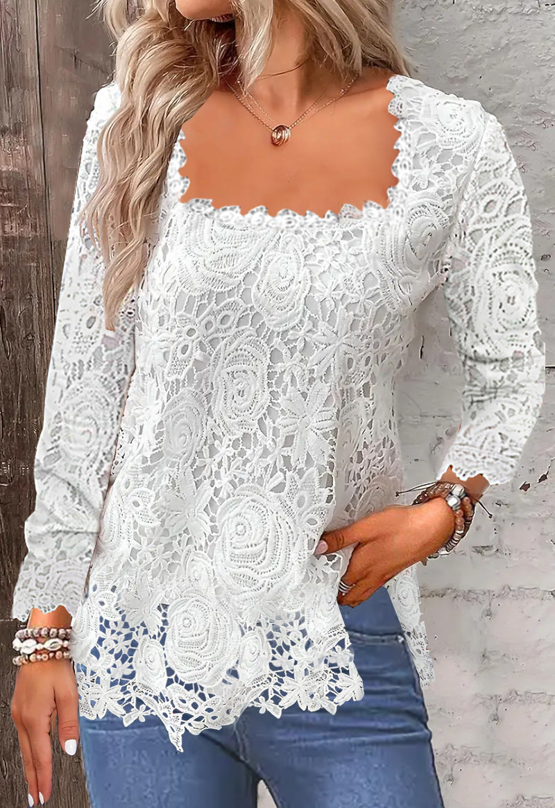 Dame spidsbluse med elegant firkantet udskæring og florale motiver Stilla
