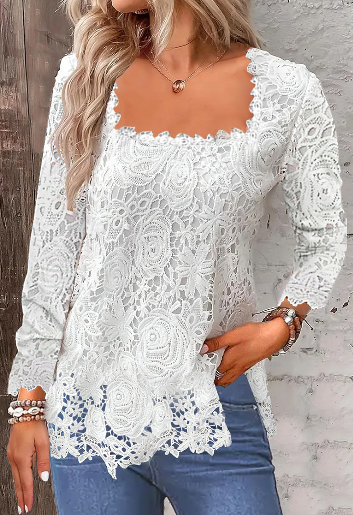 Dame spidsbluse med elegant firkantet udskæring og florale motiver Stilla