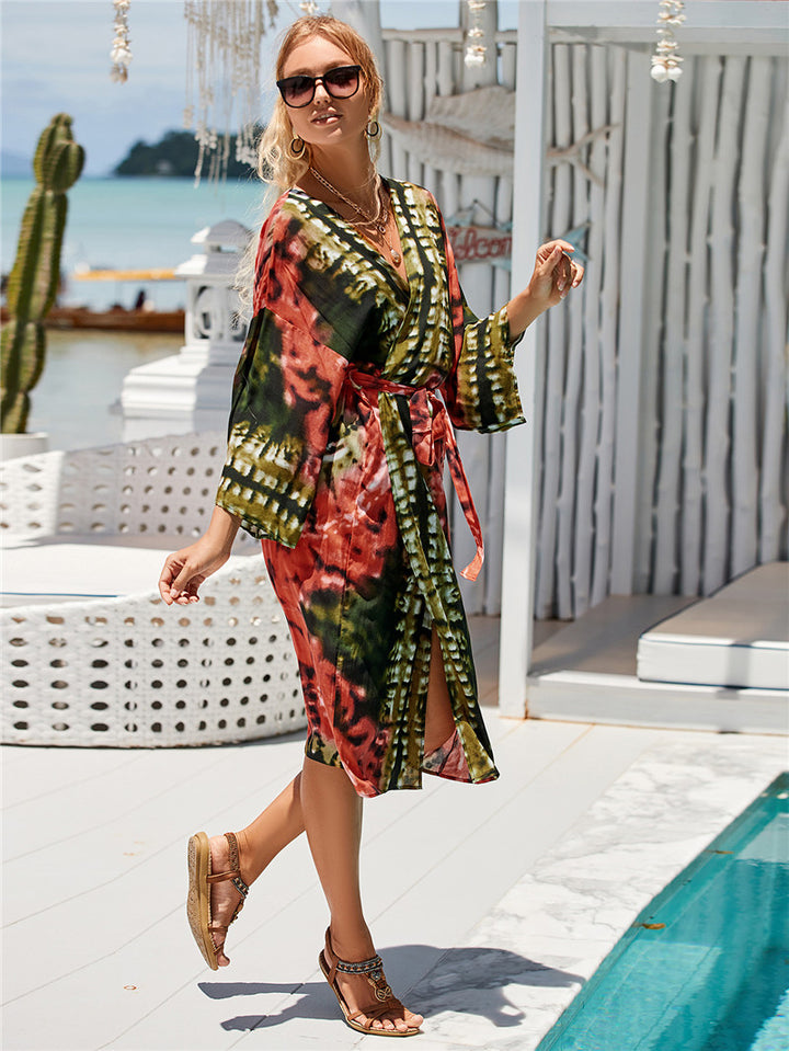 Dame elegant Strandkaftan med fri skæring og farverigt mønster Stilla