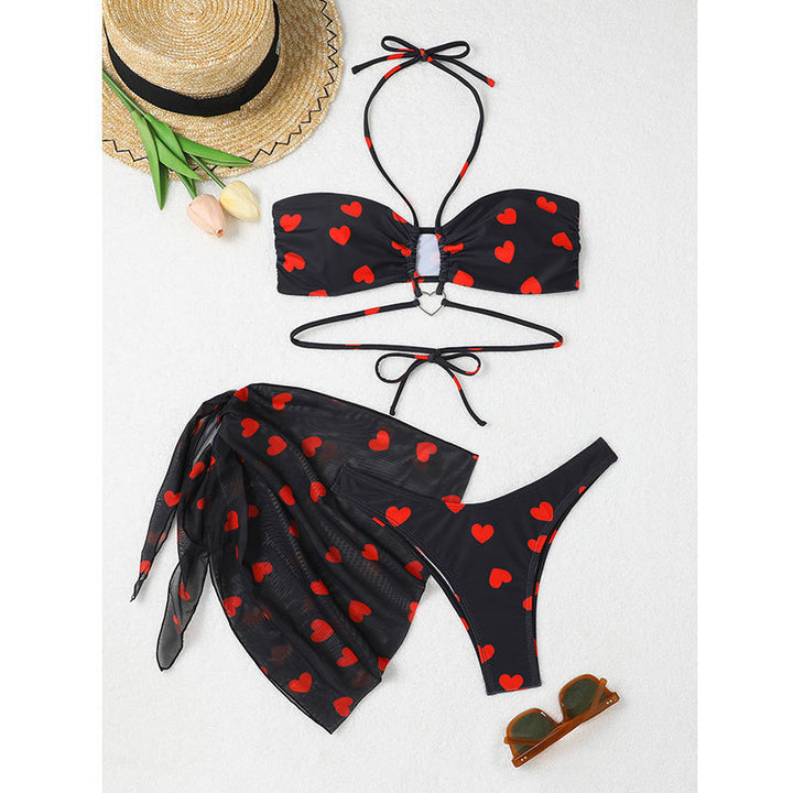 Dame Hjerteprint Bikini Sæt med matchende Wrap Nederdel Stilla