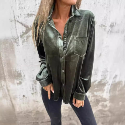 Dame Elegant Samt-Bluse med knaplukning og brystlomme Stilla