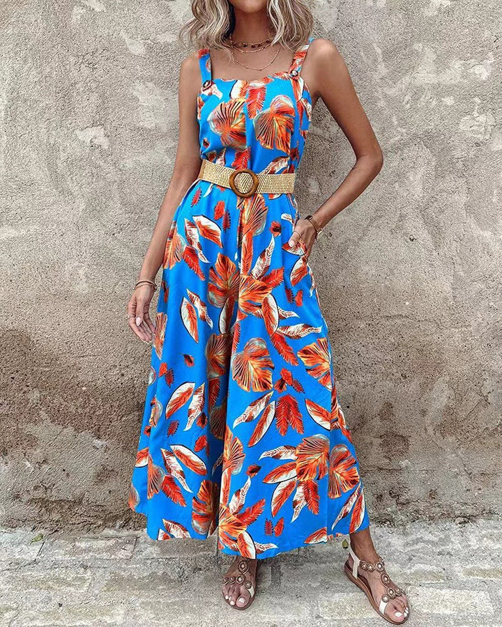 Dame jumpsuit med floral design og tætsiddende bælte Stilla