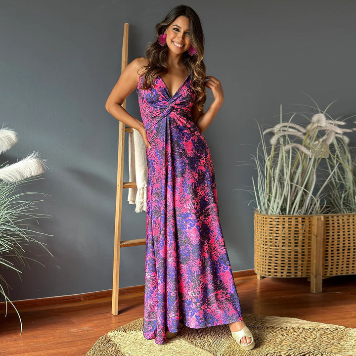 Dame Sommermaxikjole med raffineret drapering og smuk print Stilla